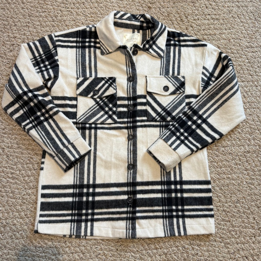 Altard State Plaid Shacket Button Down Shirt Jacket Womens XS White Black‎ Cozy
